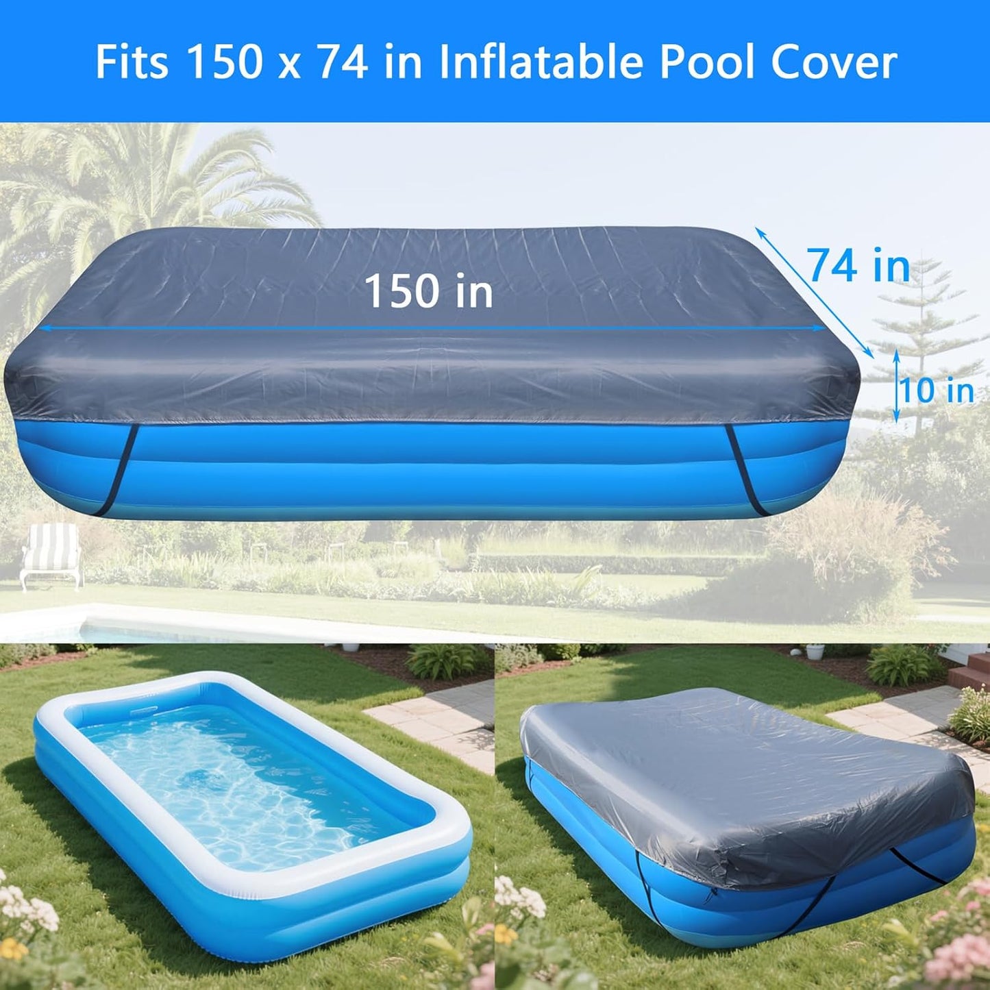 150 x 74 inch Inflatable Pool Cover 12.5 x 6.2 ft Inflatable Rectangular Pool Covers 150 x 70 in Garden Outdoor Above Ground Swimming Pool Shades 145 x 74 Backyard Adult Kid Pool Shade