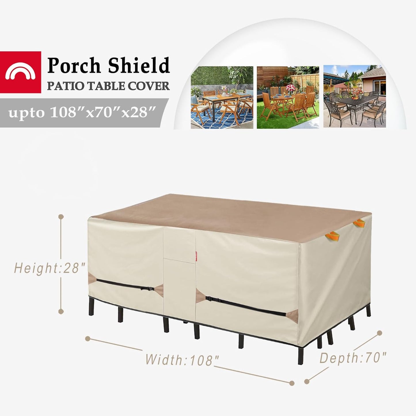 Porch Shield Patio Table Cover - Waterproof Outdoor Dining Table and Chairs Furniture Set Cover Rectangular - 108 x 70 inch, Light Tan & Khaki