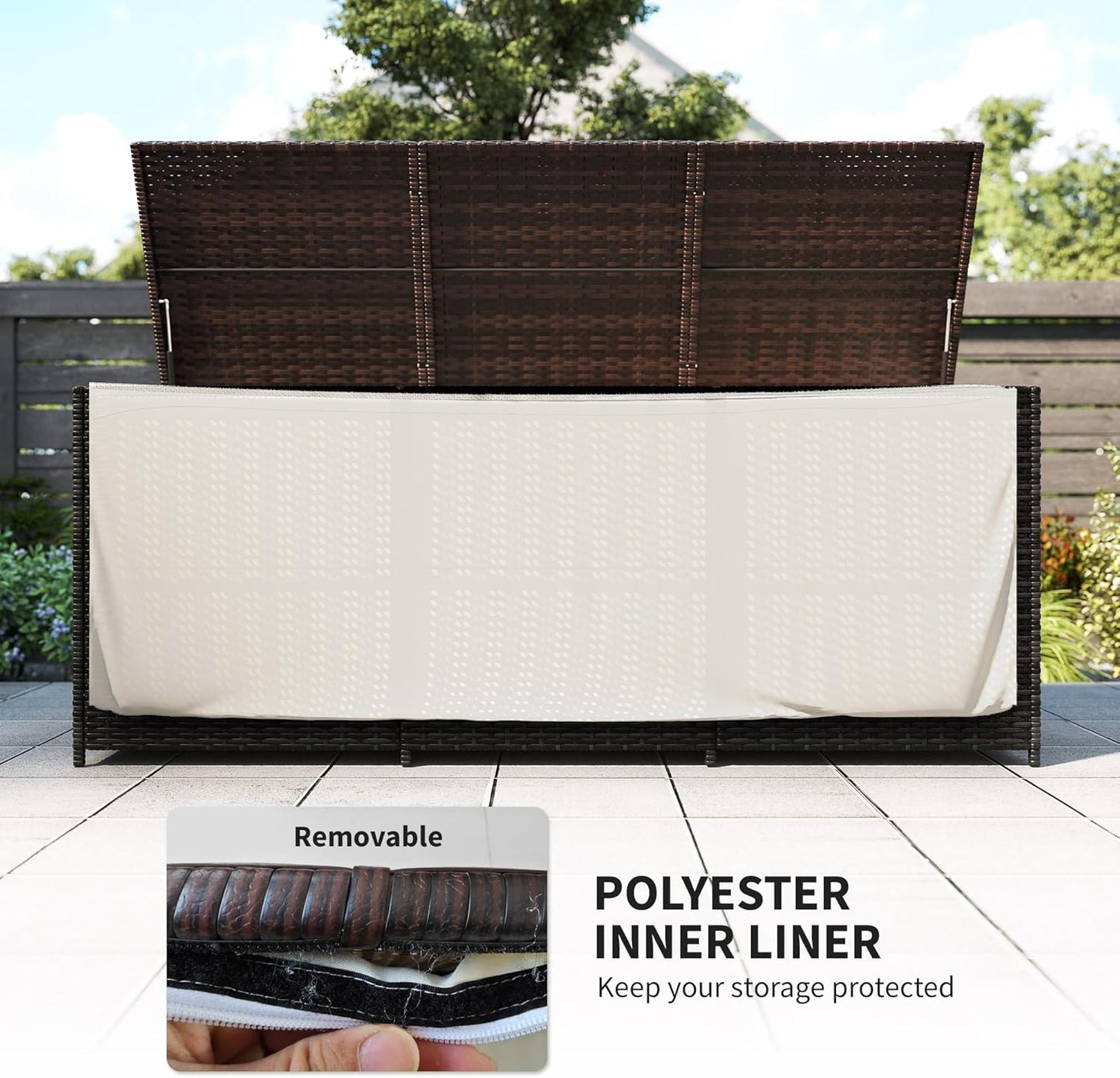 Outsunny 175 Gallon Outdoor Storage Box with Inner Liner, PE Rattan Wicker Deck Box with Pneumatic Bar Lift for Indoor & Outdoor, Patio Furniture Cushions, Pool Supplies, Garden Tools, Mixed Brown