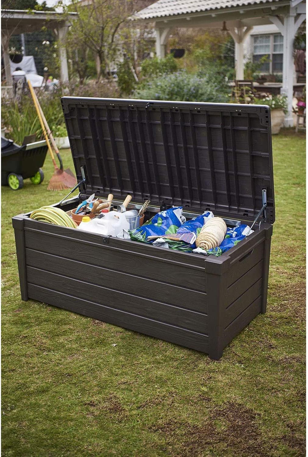 Keter Outdoor Storage Deck Box, for Patio, Backyard & Garden, Brightwood, 120 Gal, Brown - Lockable, Organizing, and Waterproof Plastic Container Bench