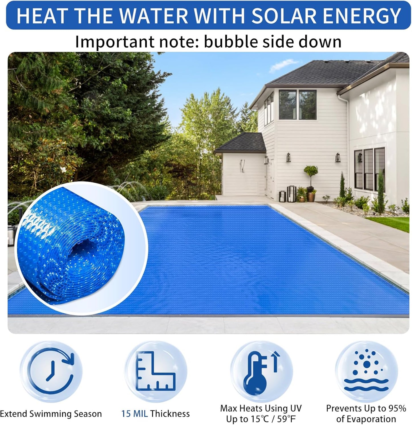 Evoio Solar Pool Covers, 12 x 24 Foot Solar Pool Blankets for Inground Above Ground Rectangular Swimming Pools, Heavy-Duty Floating Bubble Pool Hot Tub Spa Covers Thermal Blanket (12 x 24 Ft)