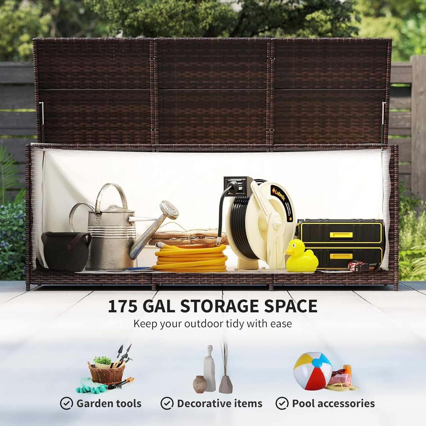 Outsunny 175 Gallon Outdoor Storage Box with Inner Liner, PE Rattan Wicker Deck Box with Pneumatic Bar Lift for Indoor & Outdoor, Patio Furniture Cushions, Pool Supplies, Garden Tools, Mixed Brown