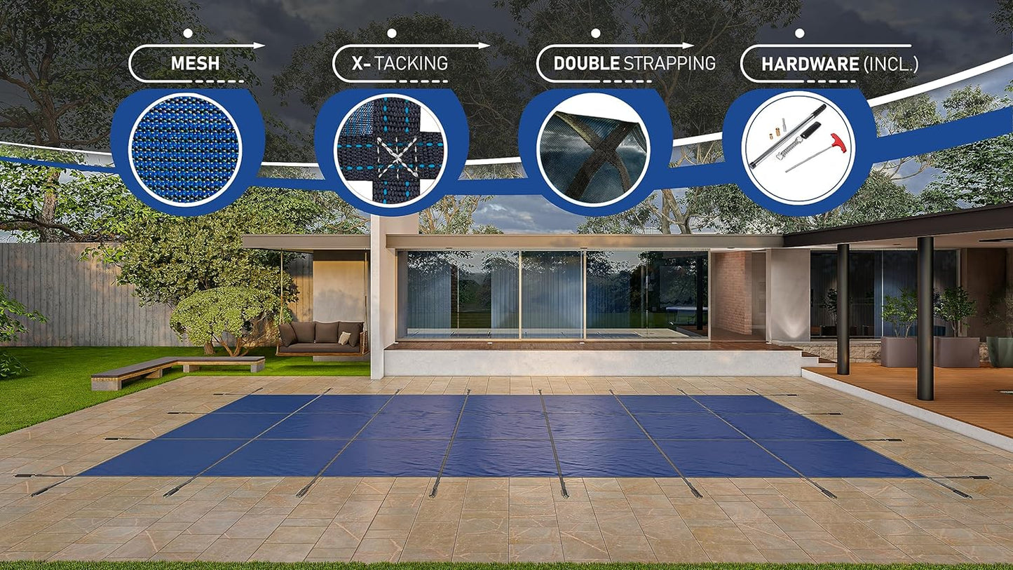 WaterWarden Inground Pool Safety Cover 12' x 24', Rectangle, 15-Year Warranty, UL Classified to ASTM F1346, Triple Stitched for MAX Strength, Abrasion Resistant, Hardware Included, Blue Mesh