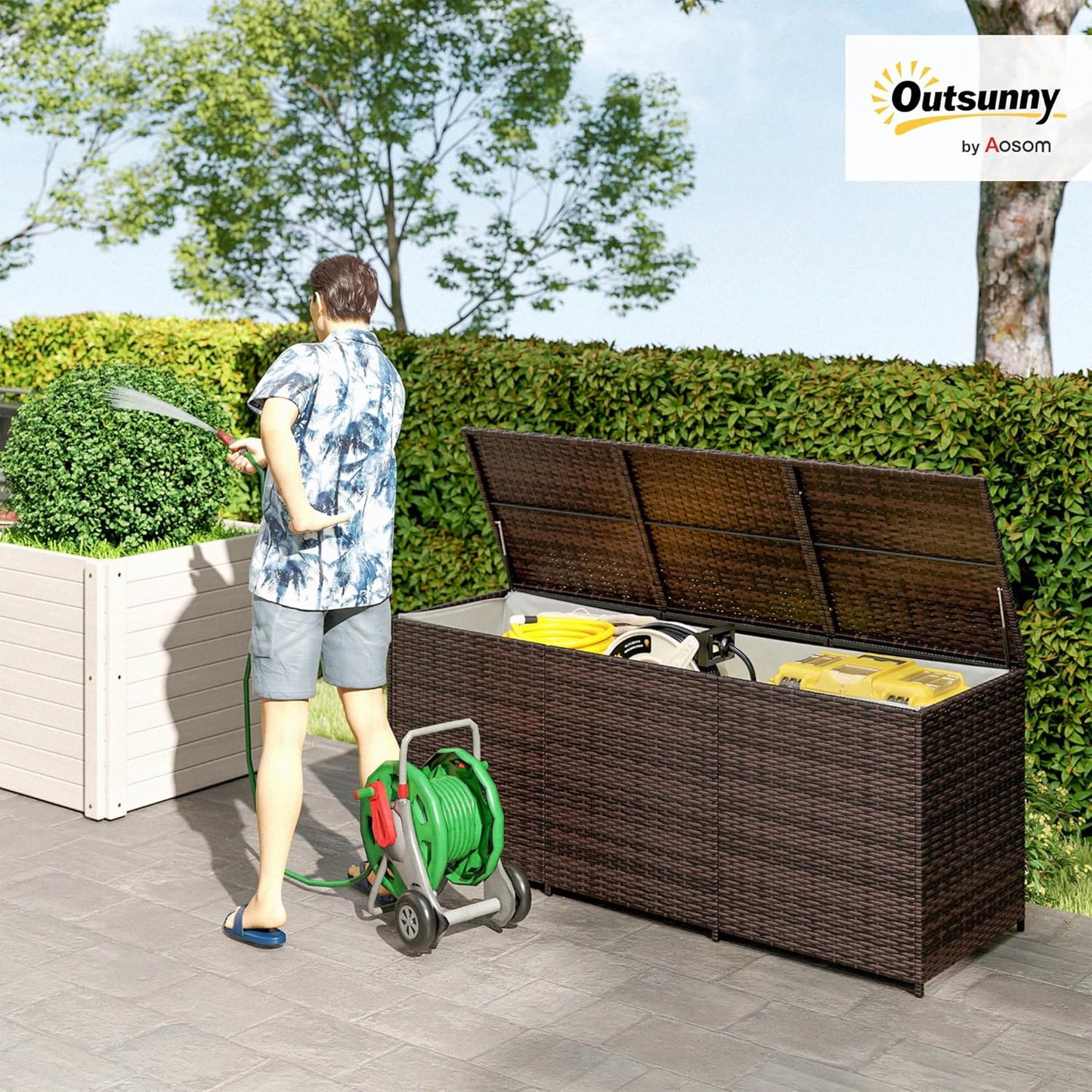 Outsunny 175 Gallon Outdoor Storage Box with Inner Liner, PE Rattan Wicker Deck Box with Pneumatic Bar Lift for Indoor & Outdoor, Patio Furniture Cushions, Pool Supplies, Garden Tools, Mixed Brown