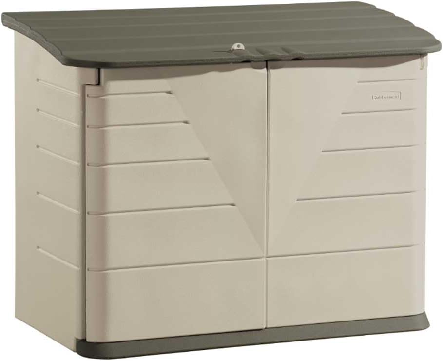 Rubbermaid Small Horizontal Resin Outdoor Storage Shed With Floor (4.5 x 3 Ft) Weather Resistant, Beige/Brown, Organization for Home/Backyard/Pool Chemicals/Toys/Garden Tools/Porch/Patio Cushions
