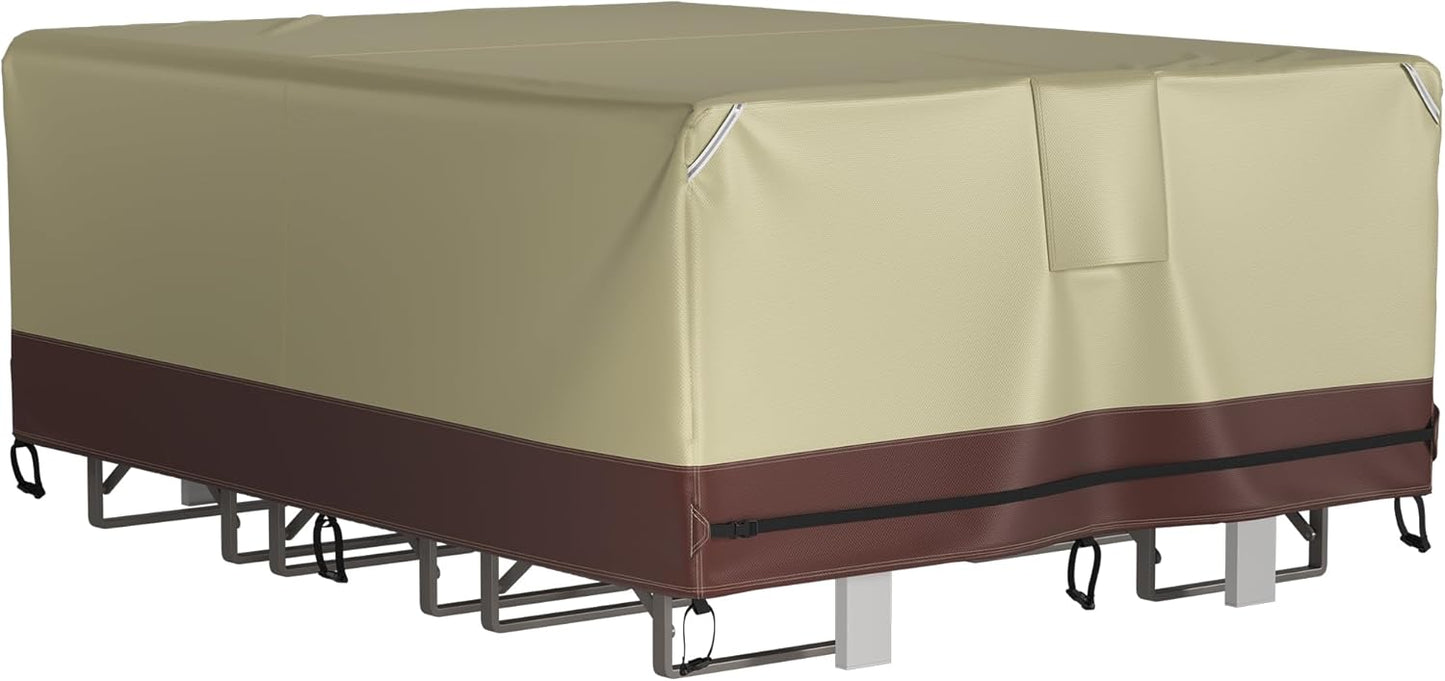 StorageWorks Heavy Duty Patio Furniture Cover, Waterproof Outdoor Table Covers, Large Table and Chair Set Covers with Buckles and Reflective Handles, Tear-Resistant Oxford, Brown & Khaki, 1 pack