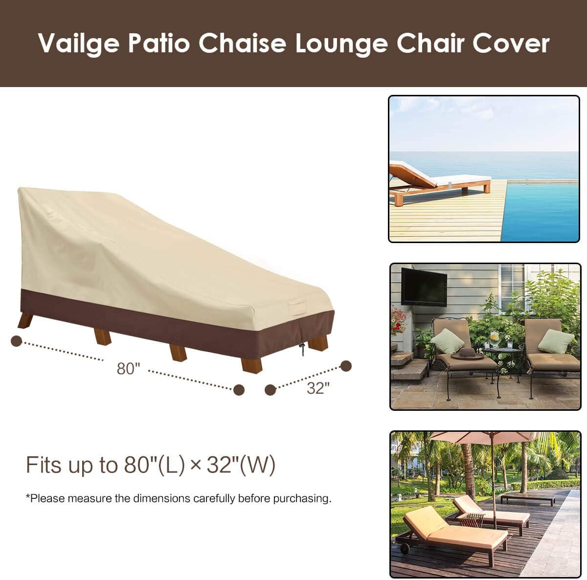 Vailge Waterproof Patio Chaise Lounge Cover, 600D Heavy Duty Outdoor Lounge Chair Covers,UV Resistant Patio Furniture Covers,2 Pack-Medium,Beige & Brown