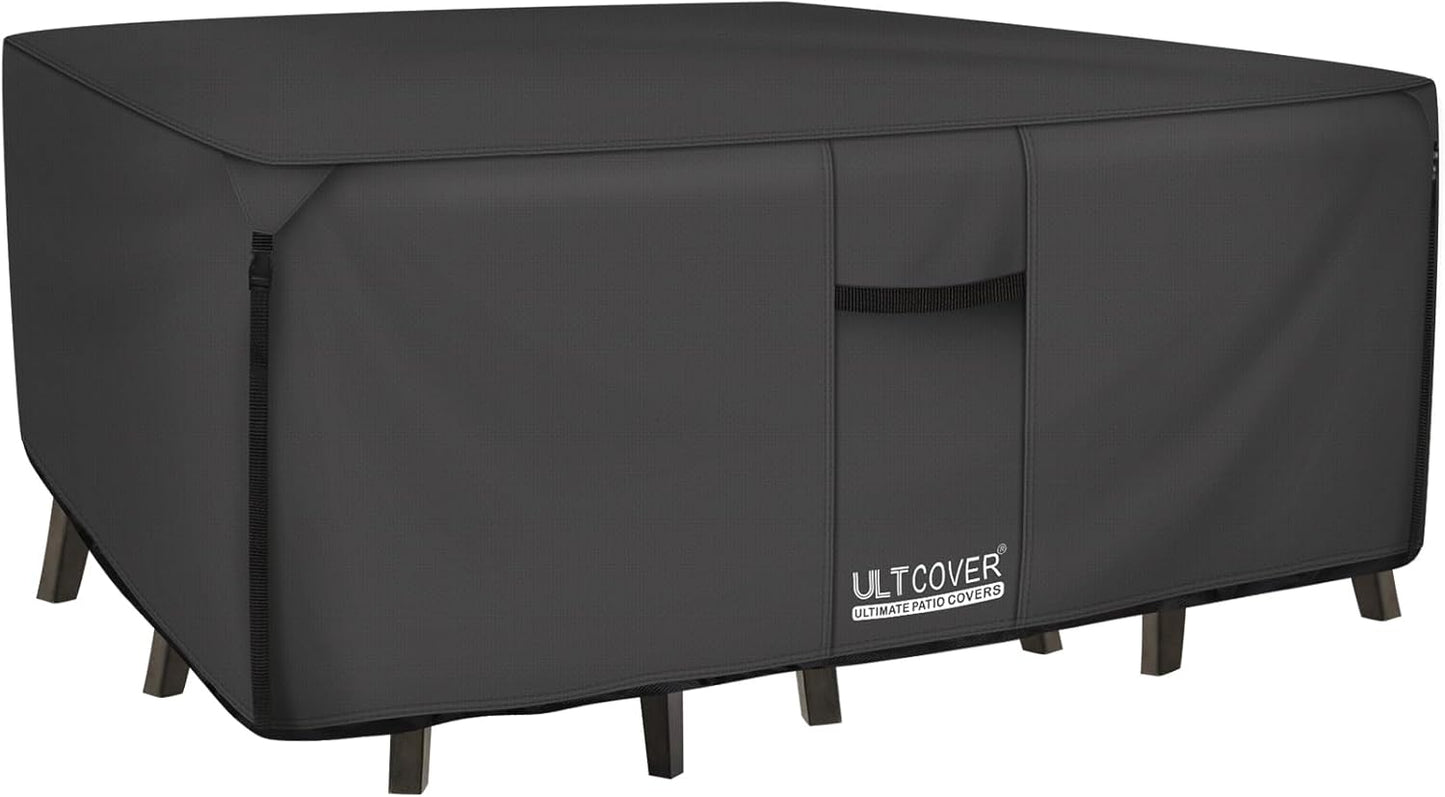 ULTCOVER Rectangular Patio Heavy Duty Table Cover - 600D Tough Canvas Waterproof Outdoor Dining Table and Chairs General Purpose Furniture Cover Size 111L x 74W x 28H inch