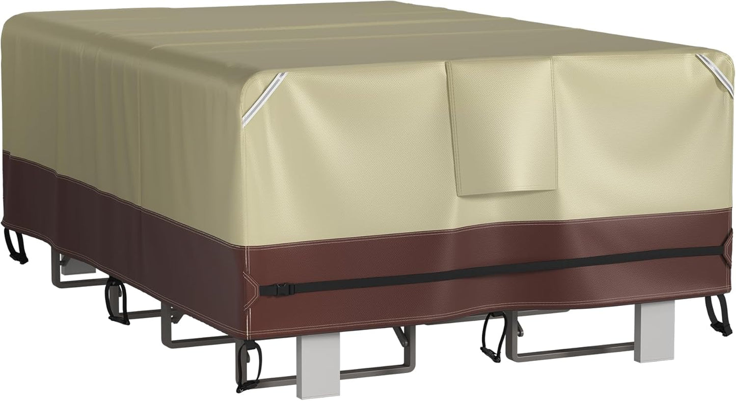 StorageWorks Heavy Duty Patio Furniture Cover, Waterproof Outdoor Table Covers, Large Table and Chair Set Covers with Buckles and Reflective Handles, Tear-Resistant Oxford, Brown & Khaki, 1 pack