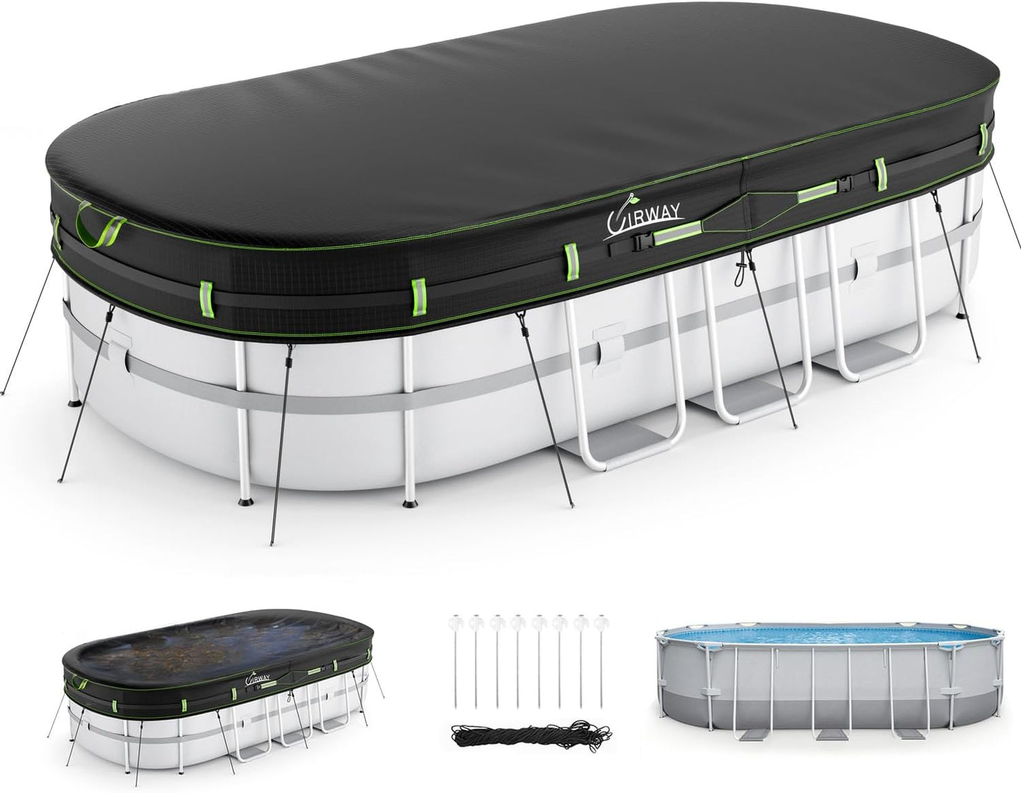 UIRWAY 18 Ft Round Pool Cover with Reflective Strips, Swimming Pool Cover for Above Ground Pools, Solar Cover Including Rope Tie and Luminous Ground Nails, PU Tarp Snug Fit for UV Protected