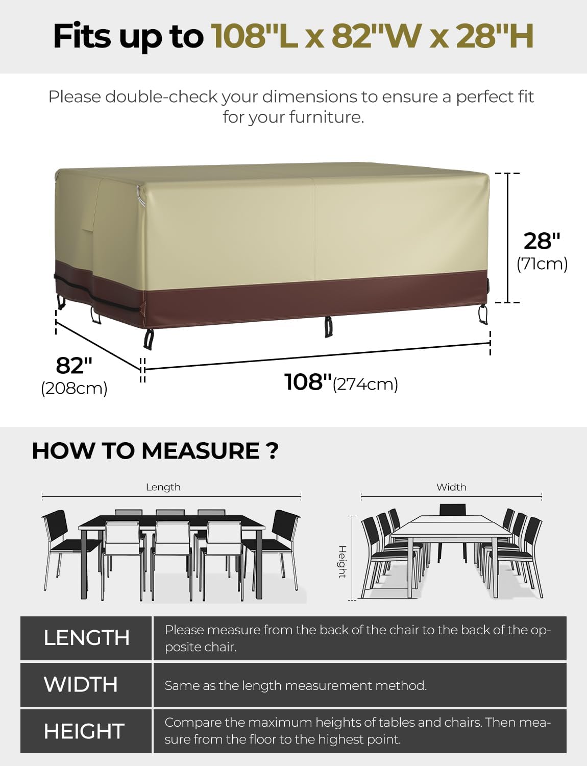 StorageWorks Heavy Duty Patio Furniture Cover, Waterproof Outdoor Table Covers, Large Table and Chair Set Covers with Buckles and Reflective Handles, Tear-Resistant Oxford, Brown & Khaki, 1 pack