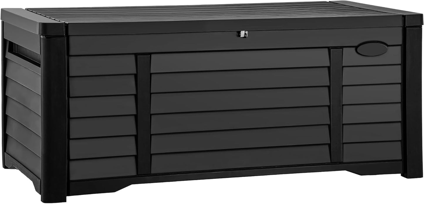DWVO 150 Gallon XL Deck Box with Divider & Lockable Lid, Waterproof Resin Outdoor Storage for Patio, Garden, Poolside, Cushions, Supplies & Sports Gear, Black