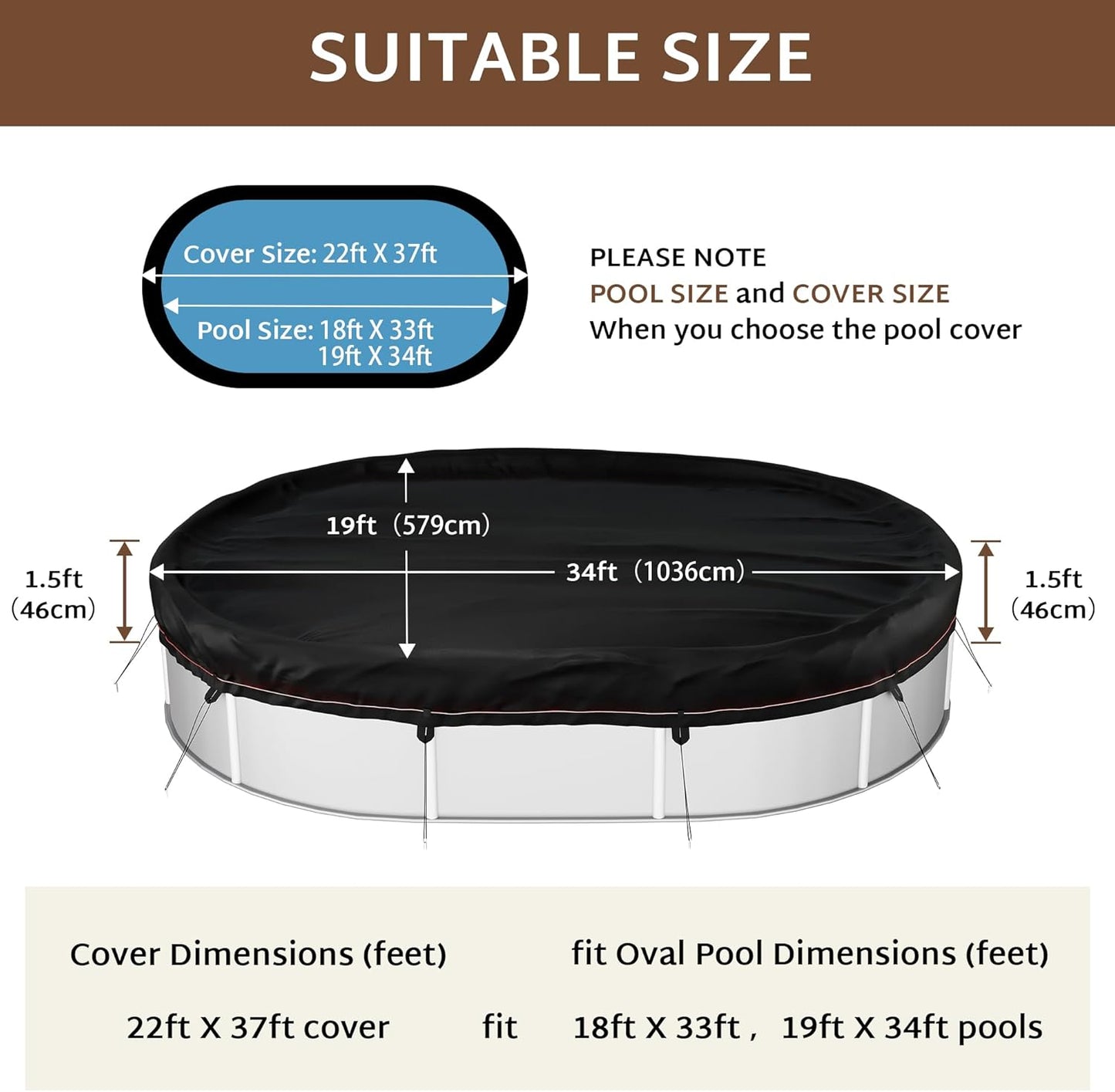 iBirdie Winter Pool Cover fit 18' x 33', 19' x 34' Above Ground Oval Pools, Fade-Resistant Tear-Resistant Waterproof and Weatherproof for Outdoor Protection, Black, Fabric 500D