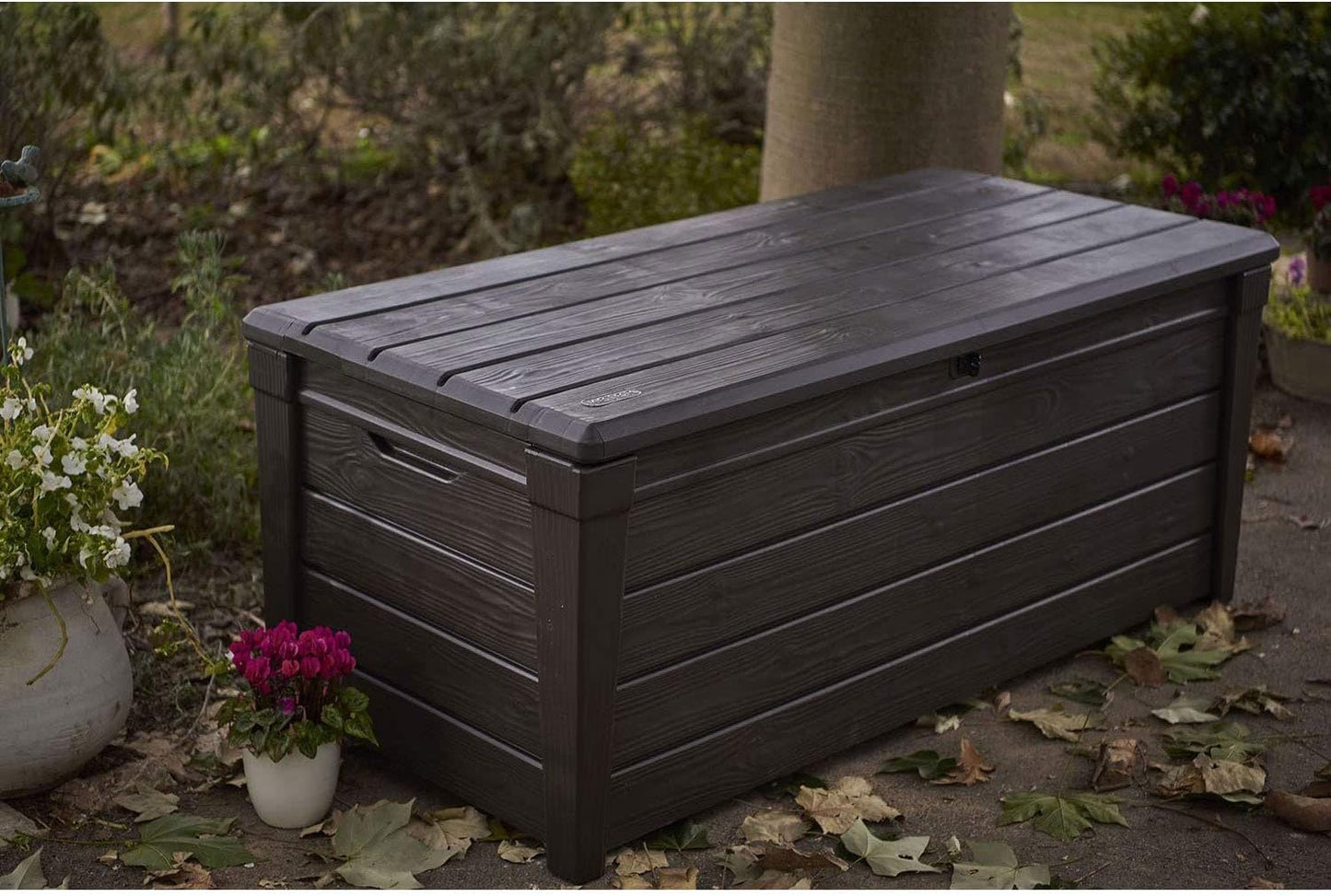 Keter Outdoor Storage Deck Box, for Patio, Backyard & Garden, Brightwood, 120 Gal, Brown - Lockable, Organizing, and Waterproof Plastic Container Bench