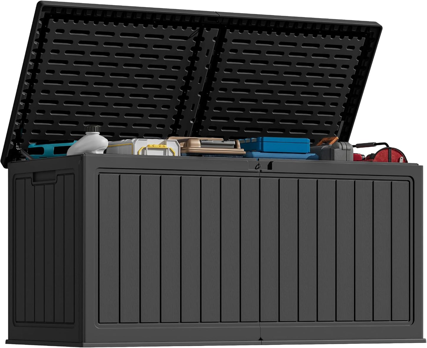 Greesum 230 Gallon HDPE Outdoor Storage Box with Removable Dividers, Weatherproof Oversized Deck Box for Patio, Garage, Garden, Black
