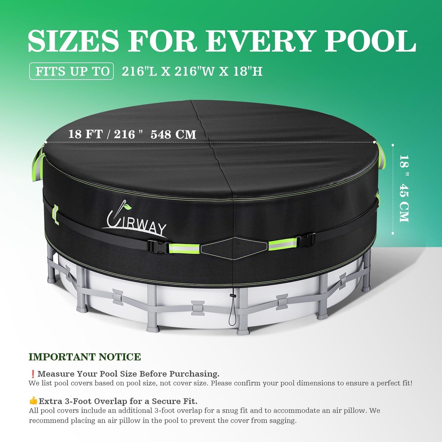 UIRWAY 18 Ft Round Pool Cover with Reflective Strips, Swimming Pool Cover for Above Ground Pools, Solar Cover Including Rope Tie and Luminous Ground Nails, PU Tarp Snug Fit for UV Protected