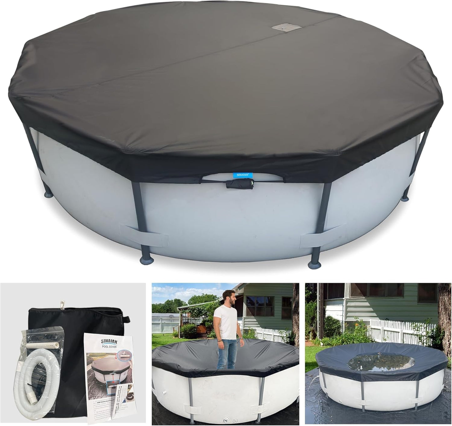 30 Ft Pool Cover, with Automatic Drain Round Pool Cover, One-Piece Quick Installation and Removal Above Ground Pool Cover, Preventing Waterlogging, UV Protected Solar Swimming Pool Cover