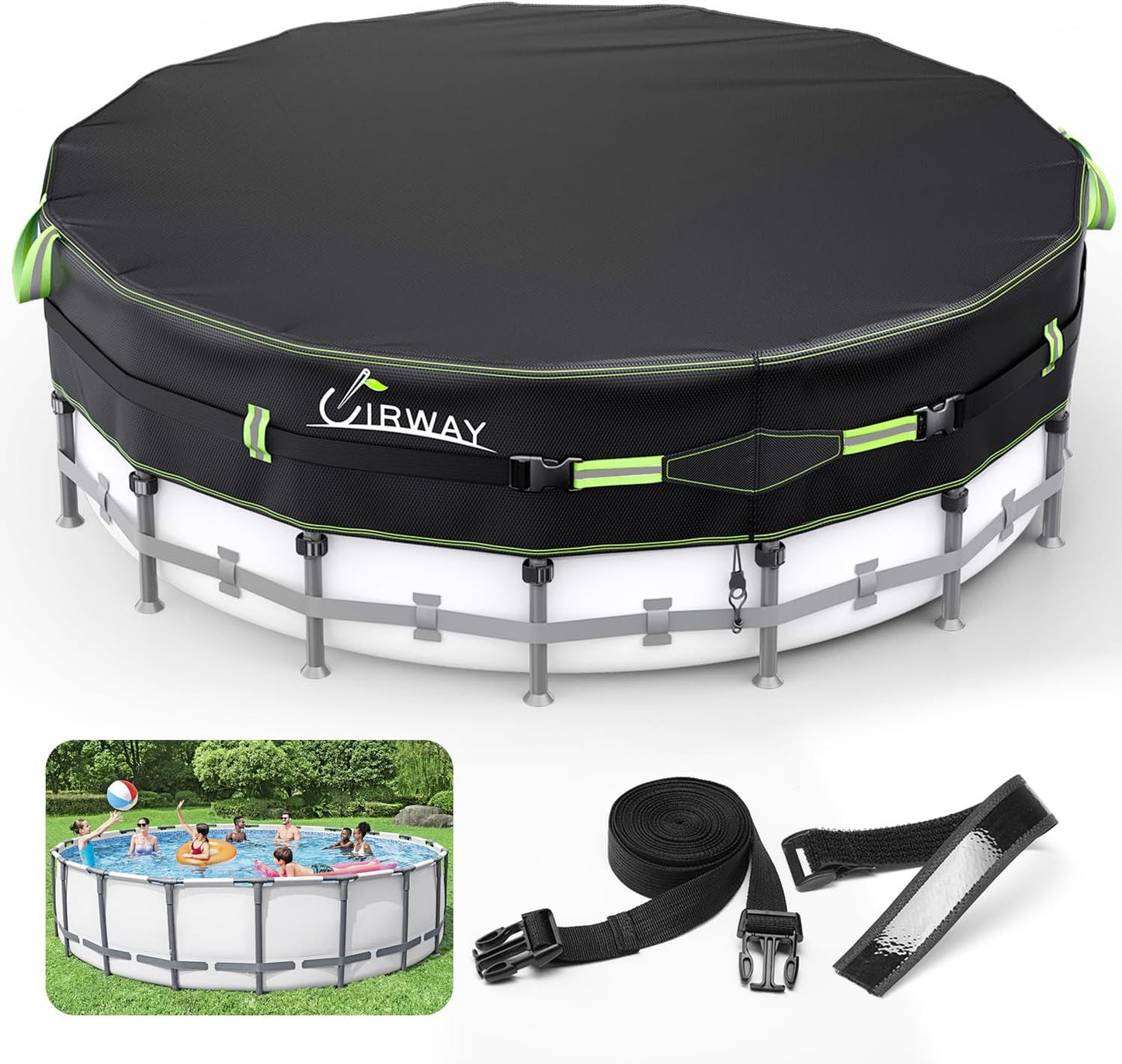 UIRWAY 500D Pool Cover 15FT Round [2025 Upgraded Heavy Duty Fabric] Solar Pool Covers for Above Ground Pools, New Super Windproof Gel-Coated Tarp Straps, Swimming Pool Covers with UV Protection