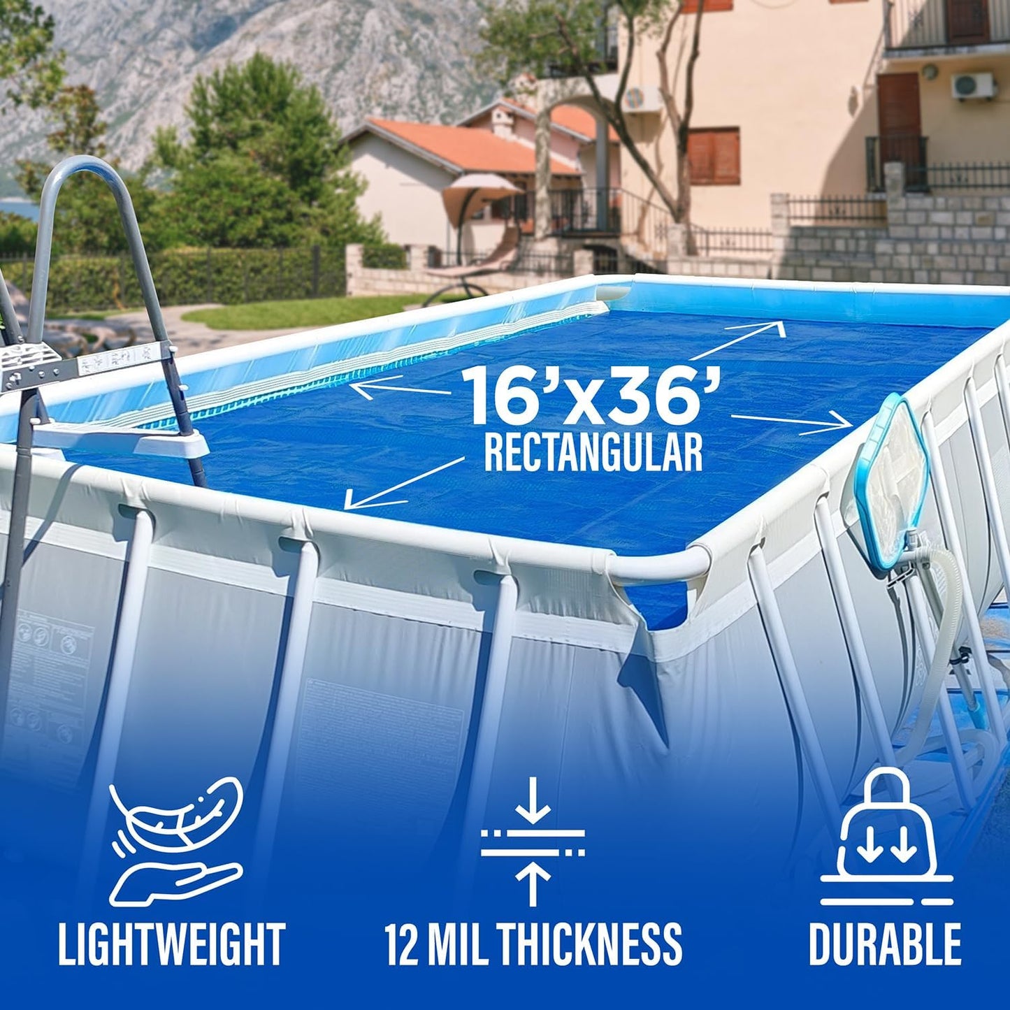 Shop Square 16' x 36' Rectangle Solar Cover for Inground and Above Ground Pools, 12 Mil - Premium Heavy Duty Solar Blanket for Above Ground Pool, Blue - Made in USA
