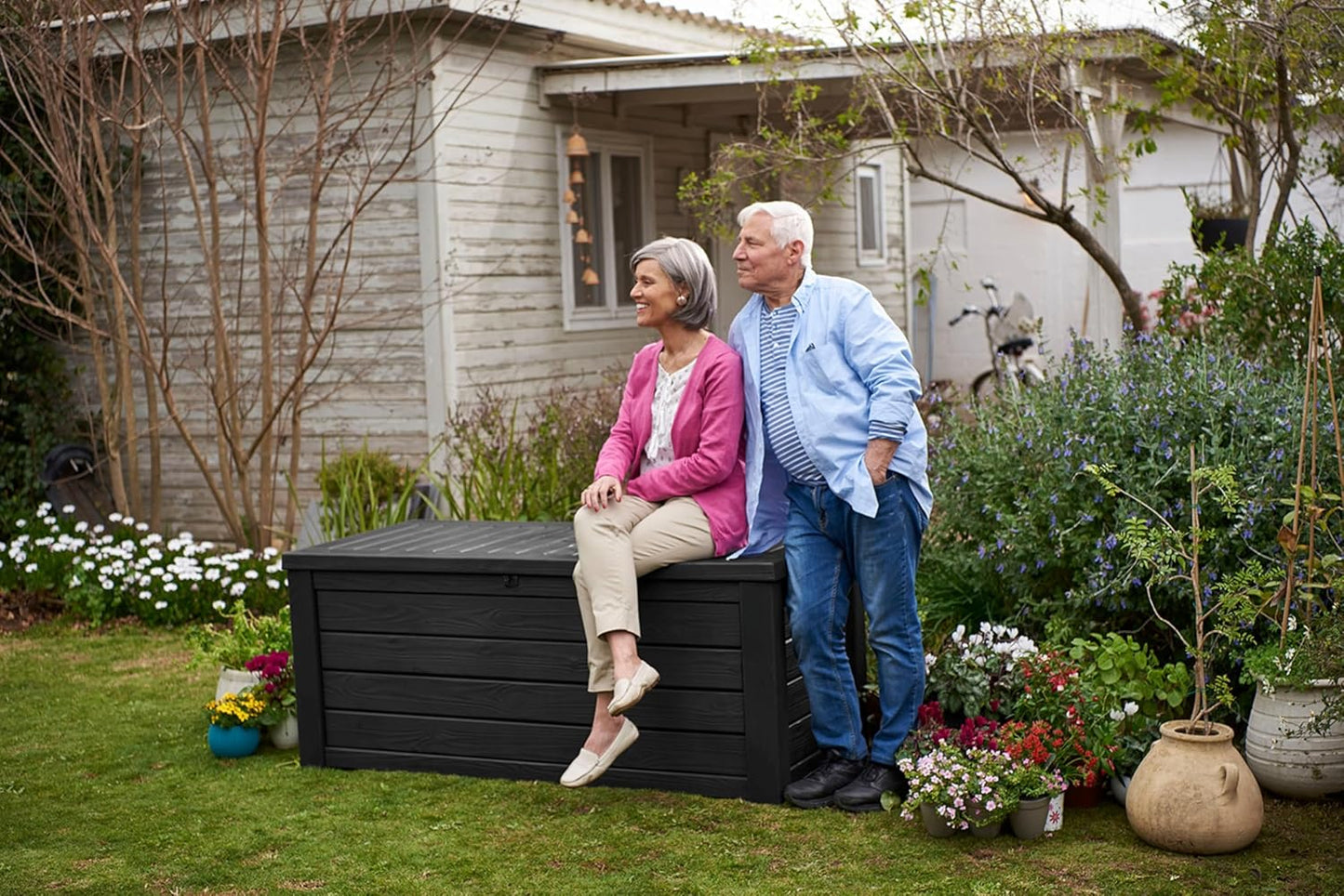 Keter Outdoor Storage Deck Box, for Patio, Backyard & Garden, Westwood, 150 Gal, Dark Grey - Lockable, Organizing, and Waterproof Plastic Container Bench