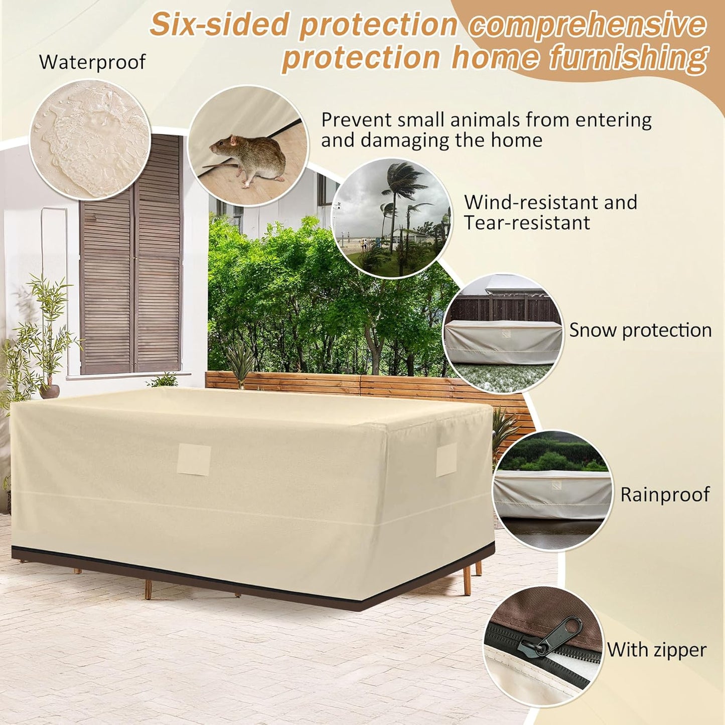 HDCAXKJ Patio Furniture Covers Outdoor Table and Chair Cover Waterproof Dining Set Cover for Outside Table and Chairs Heavy Duty Rectangular Furniture Protector (86"L x 62"W x 47"H, Beige & Brown)
