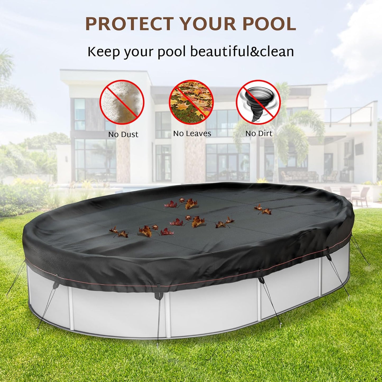 iBirdie Winter Pool Cover fit 18' x 33', 19' x 34' Above Ground Oval Pools, Fade-Resistant Tear-Resistant Waterproof and Weatherproof for Outdoor Protection, Black, Fabric 500D