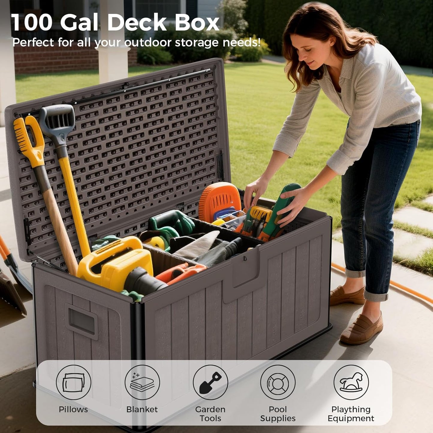 Outdoor Storage Deck Box 100 Gallon, UV Resistant & Waterproof Deck Box with Double-Wall Construction, Lockable Storage Bins Container for Pool Patio Garden
