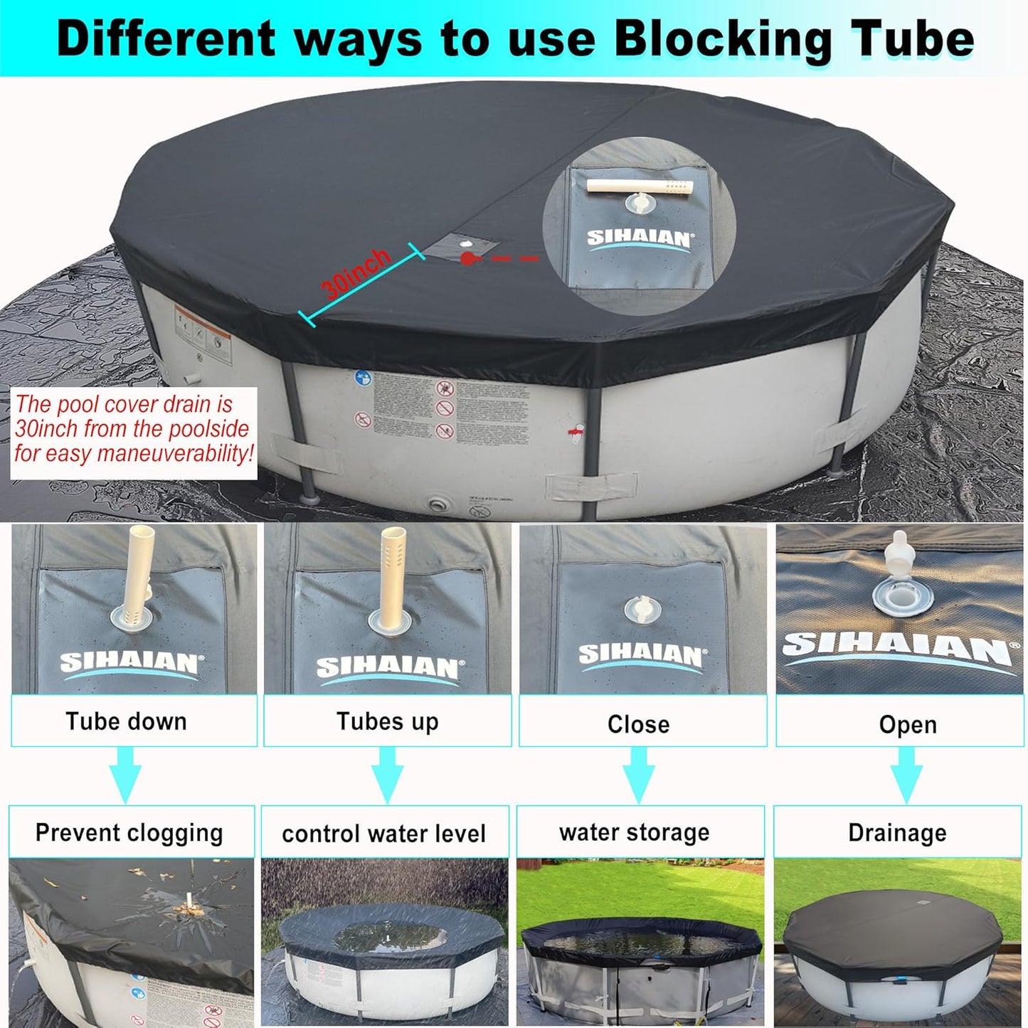 30 Ft Pool Cover, with Automatic Drain Round Pool Cover, One-Piece Quick Installation and Removal Above Ground Pool Cover, Preventing Waterlogging, UV Protected Solar Swimming Pool Cover