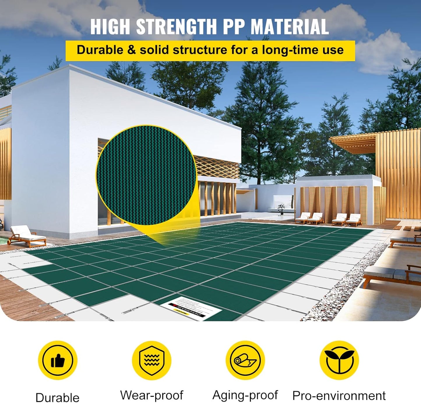 VEVOR Pool Safety Cover, Fits 16x32ft Rectangular Inground Winter Swimming Pools, with 4x8ft Center End Step, Triple Stitched, High Strength Mesh PP, Great Rain Permeability, Installation Hardware