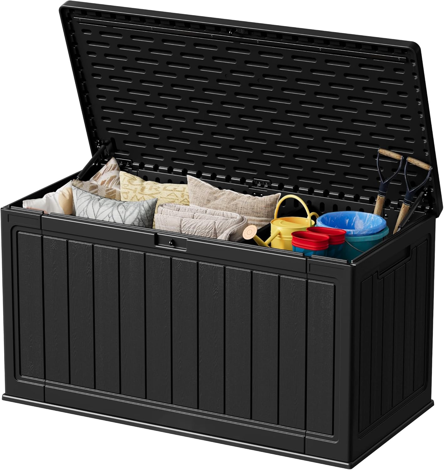 Greesum 230 Gallon HDPE Outdoor Storage Box with Removable Dividers, Weatherproof Oversized Deck Box for Patio, Garage, Garden, Black