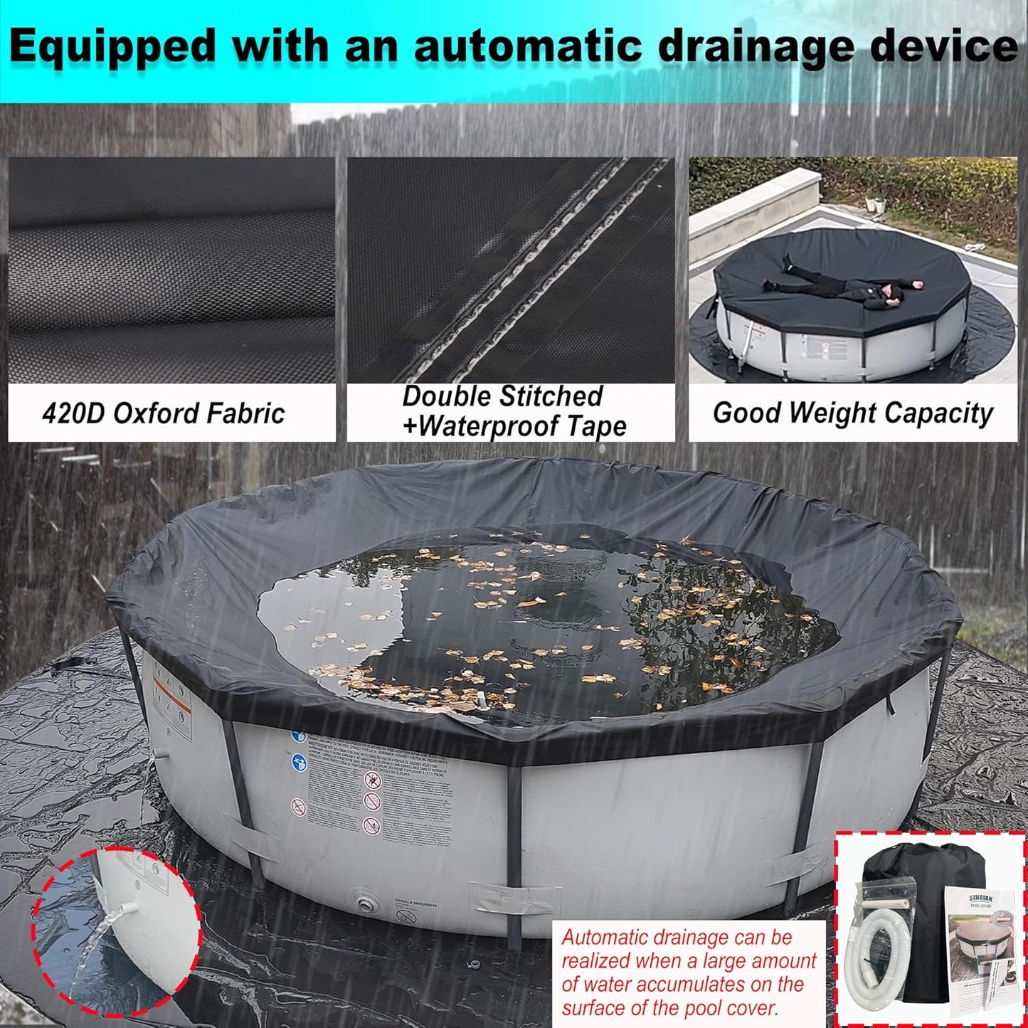 30 Ft Pool Cover, with Automatic Drain Round Pool Cover, One-Piece Quick Installation and Removal Above Ground Pool Cover, Preventing Waterlogging, UV Protected Solar Swimming Pool Cover