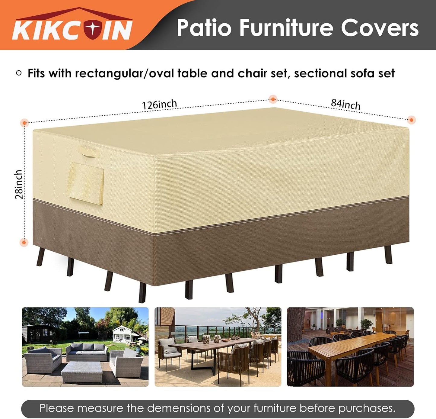 Patio Furniture Covers Waterproof for Dining Table and Chairs, Rectangular Outdoor Furniture Set Cover, Anti-Fade, Tear/Water Resistant Patio Furniture Set Covers, 126" L x 84" W x 28" H