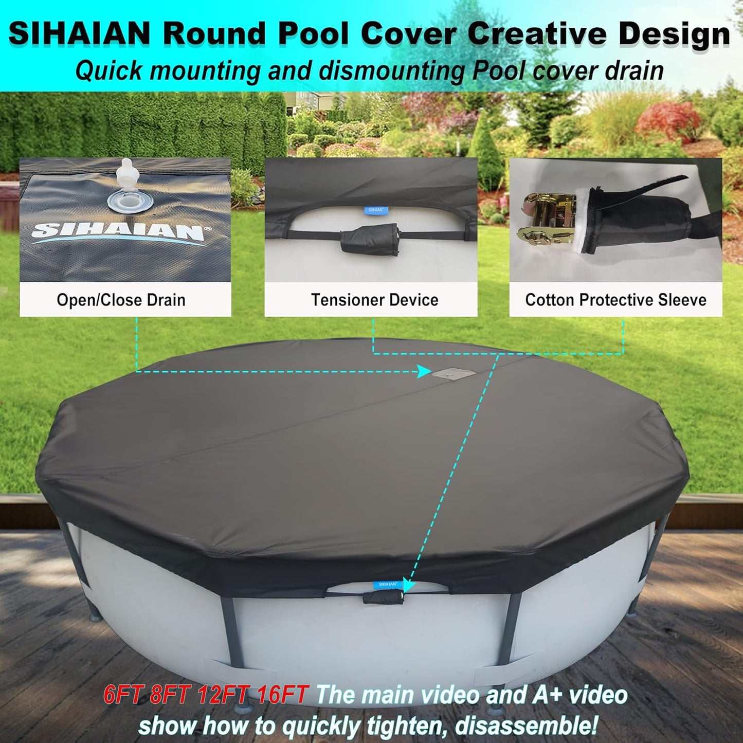 30 Ft Pool Cover, with Automatic Drain Round Pool Cover, One-Piece Quick Installation and Removal Above Ground Pool Cover, Preventing Waterlogging, UV Protected Solar Swimming Pool Cover