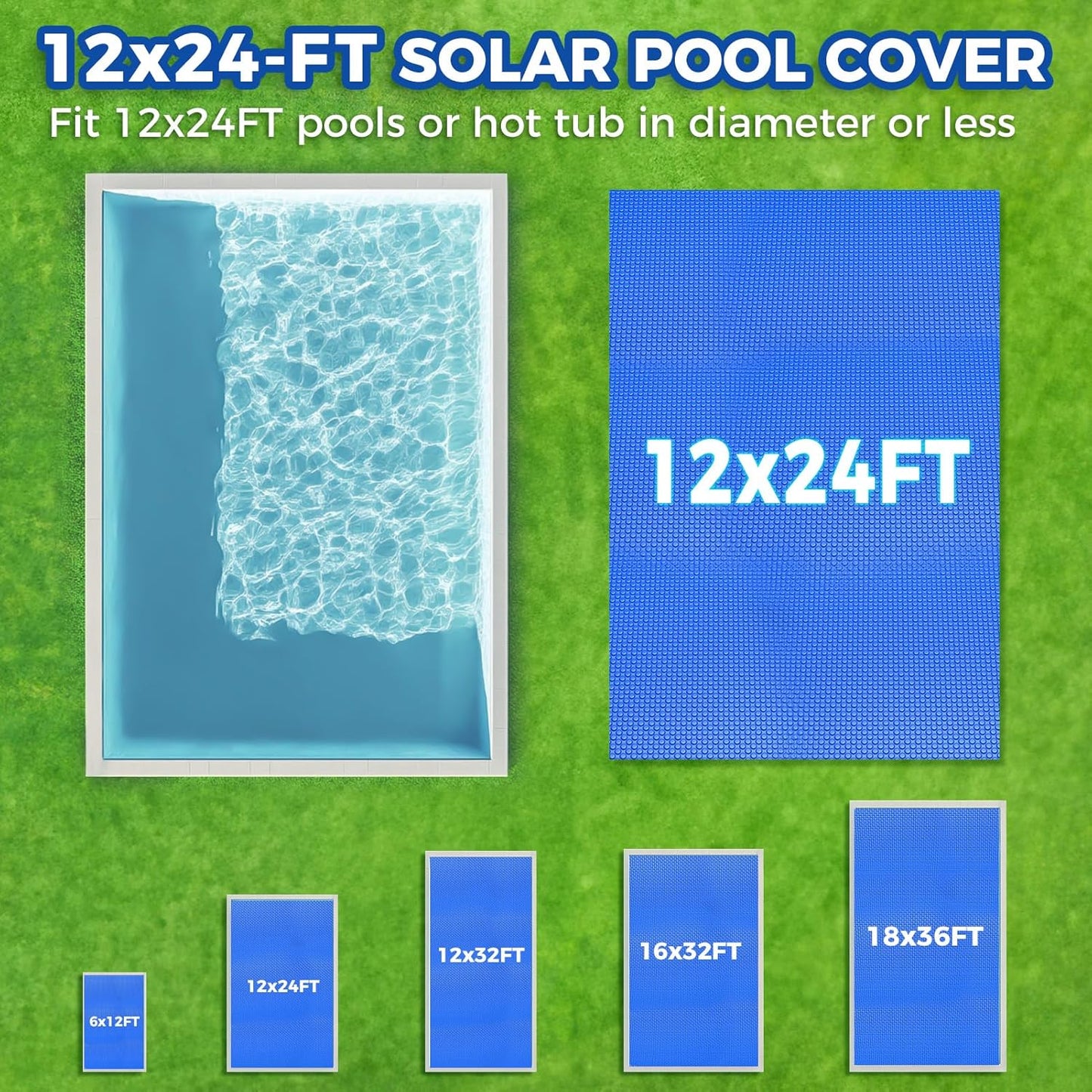 Evoio Solar Pool Covers, 12 x 24 Foot Solar Pool Blankets for Inground Above Ground Rectangular Swimming Pools, Heavy-Duty Floating Bubble Pool Hot Tub Spa Covers Thermal Blanket (12 x 24 Ft)