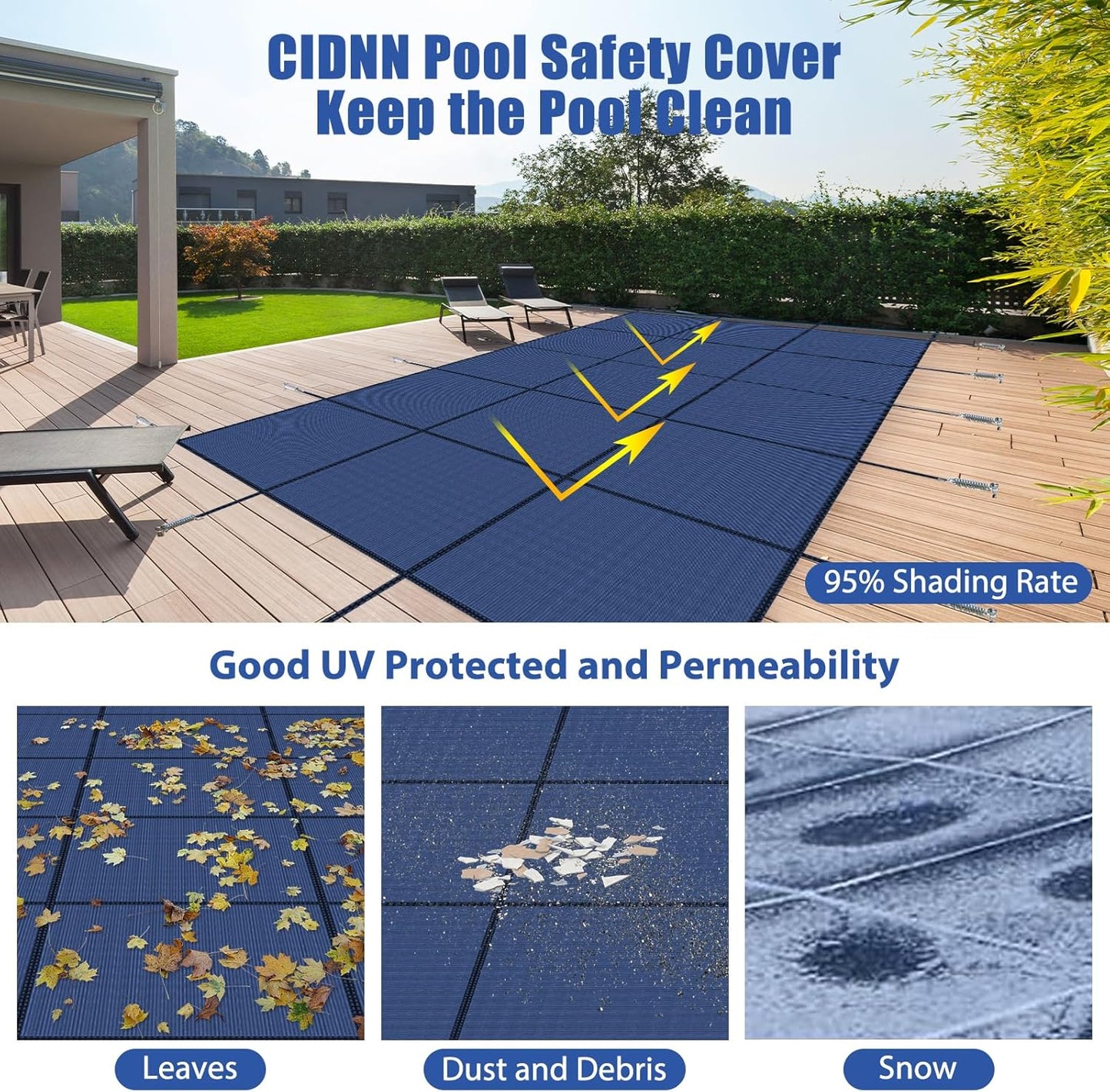 Inground Pool Cover Safety Fits Rectangle Swimming Pool, Mesh Solid Pool Cover for Inground Pools,Winter Pool Safety Cover Includes Safety Net and Installation Tools Blue (Blue, Fits 18x36ft Pools)
