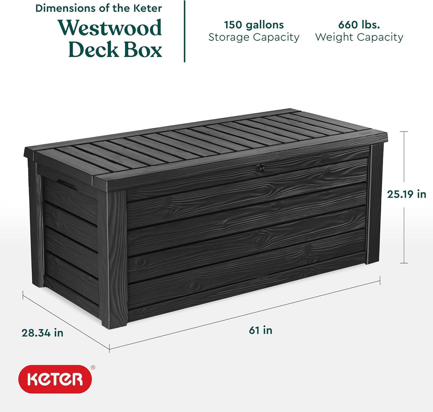 Keter Outdoor Storage Deck Box, for Patio, Backyard & Garden, Westwood, 150 Gal, Dark Grey - Lockable, Organizing, and Waterproof Plastic Container Bench