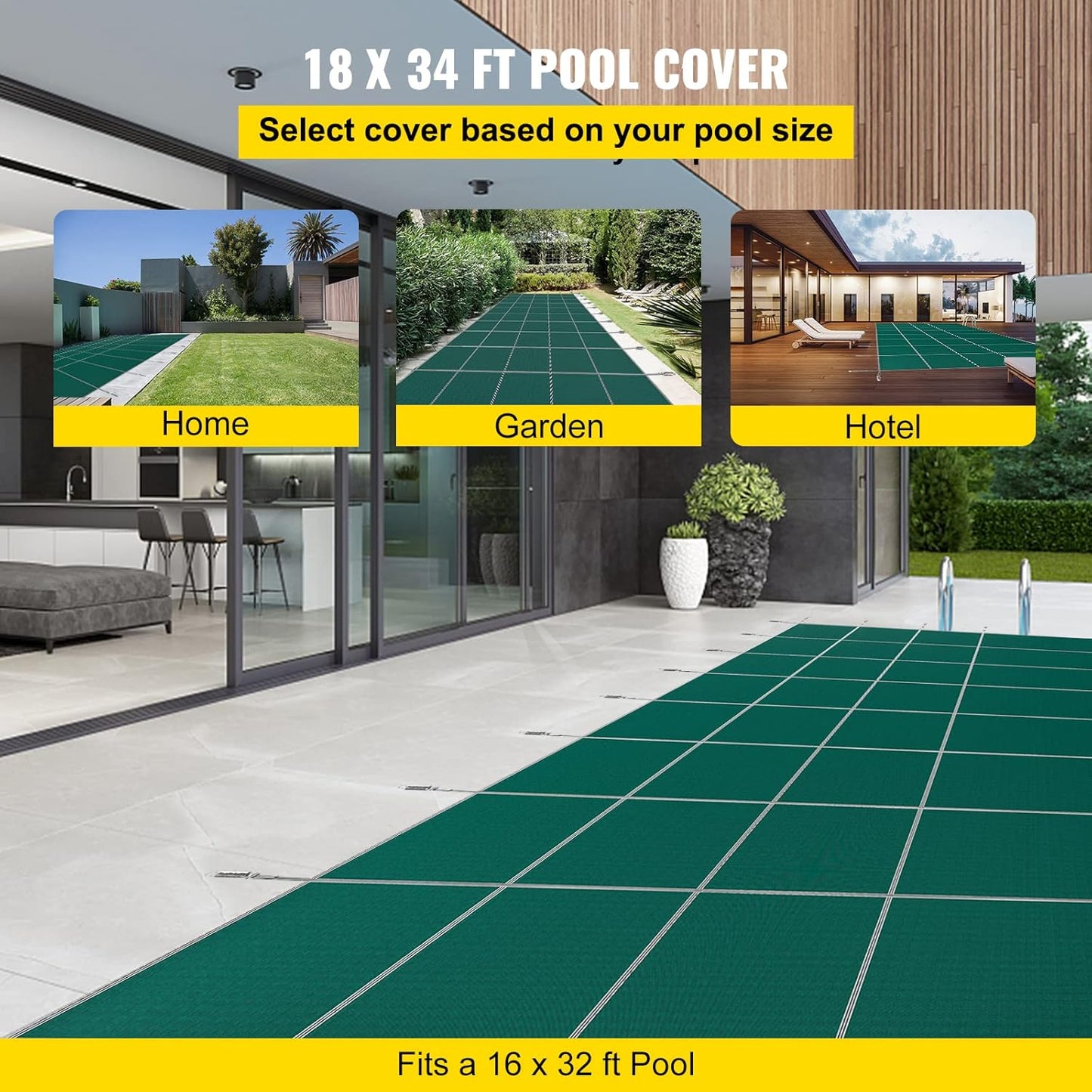 VEVOR Pool Safety Cover, Fits 16x32ft Rectangular Inground Winter Swimming Pools, with 4x8ft Center End Step, Triple Stitched, High Strength Mesh PP, Great Rain Permeability, Installation Hardware