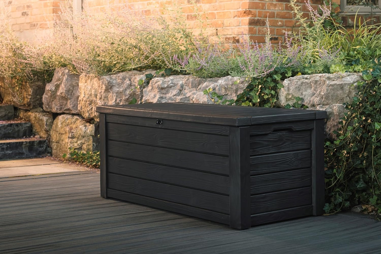 Keter Outdoor Storage Deck Box, for Patio, Backyard & Garden, Westwood, 150 Gal, Dark Grey - Lockable, Organizing, and Waterproof Plastic Container Bench