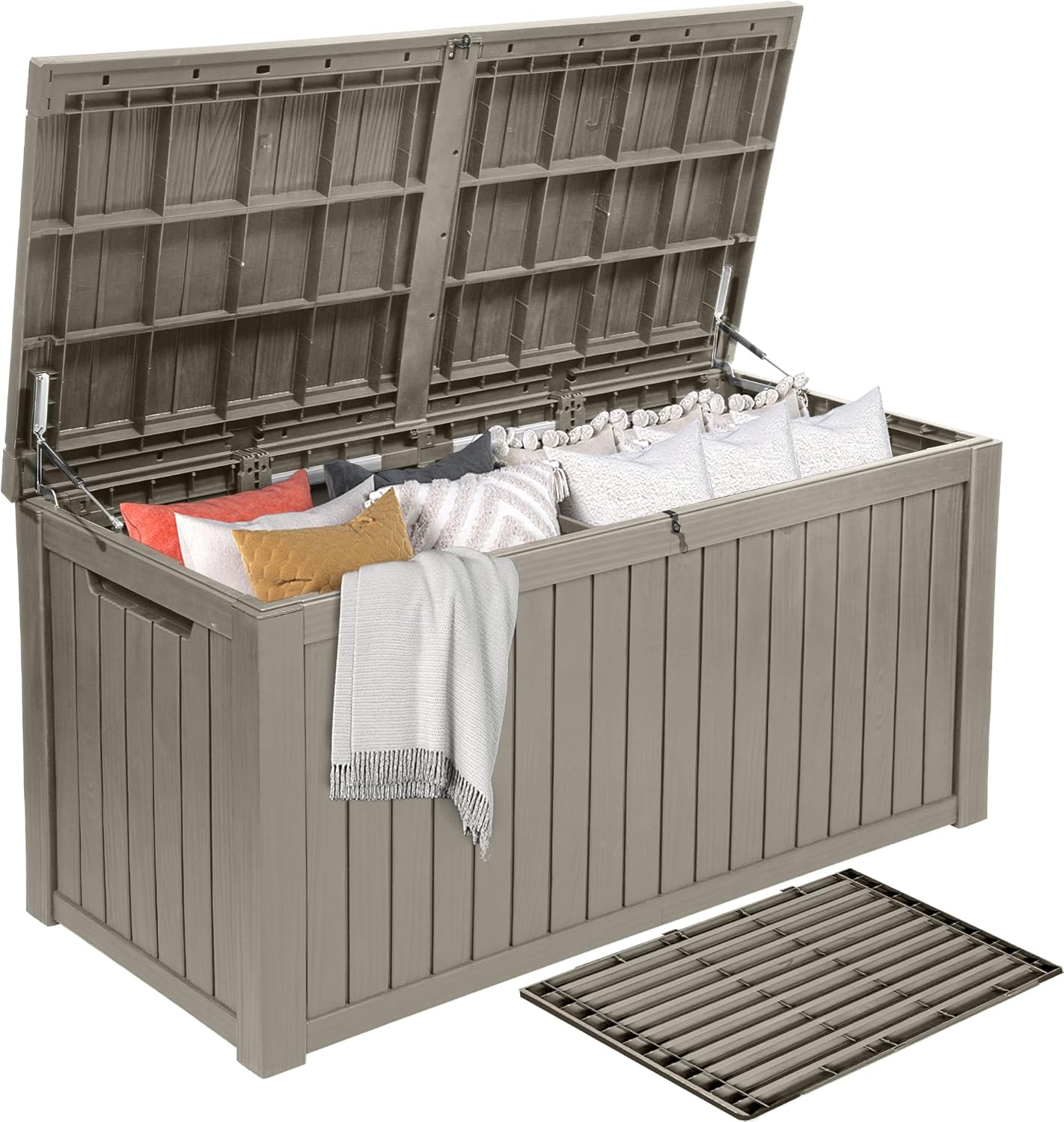 DWVO 150 Gallon XL Deck Box with Divider & Lockable Lid, Waterproof Resin Outdoor Storage for Patio, Garden, Poolside, Cushions, Supplies & Sports Gear, Black