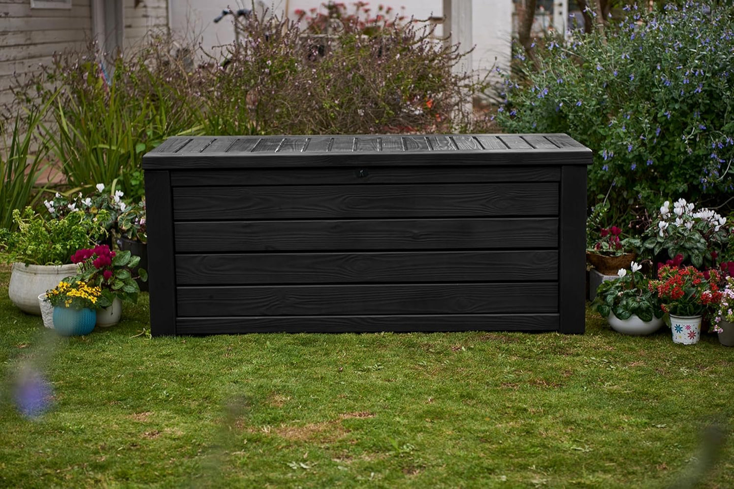 Keter Outdoor Storage Deck Box, for Patio, Backyard & Garden, Westwood, 150 Gal, Dark Grey - Lockable, Organizing, and Waterproof Plastic Container Bench