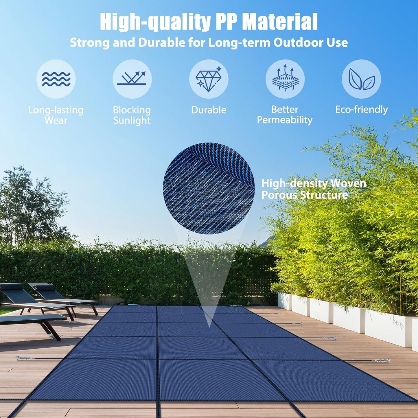 Inground Pool Cover Safety Fits Rectangle Swimming Pool, Mesh Solid Pool Cover for Inground Pools,Winter Pool Safety Cover Includes Safety Net and Installation Tools Blue (Blue, Fits 18x36ft Pools)