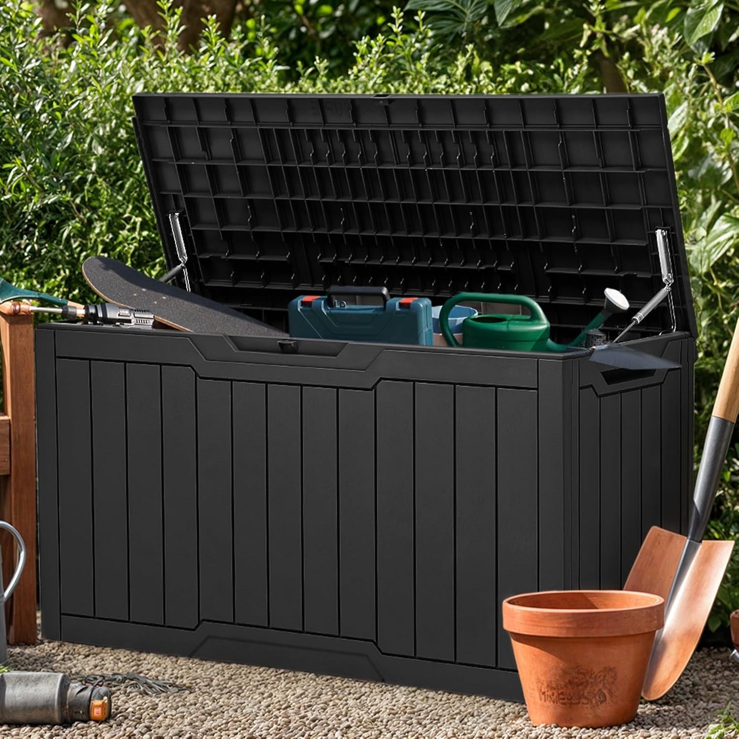 YITAHOME XXL 230 Gallon Large Deck Box,Outdoor Storage for Patio Furniture Cushions,Garden Tools and Pool Equipment with Flexible Divider,Waterproof,Lockable (Black&Brown)