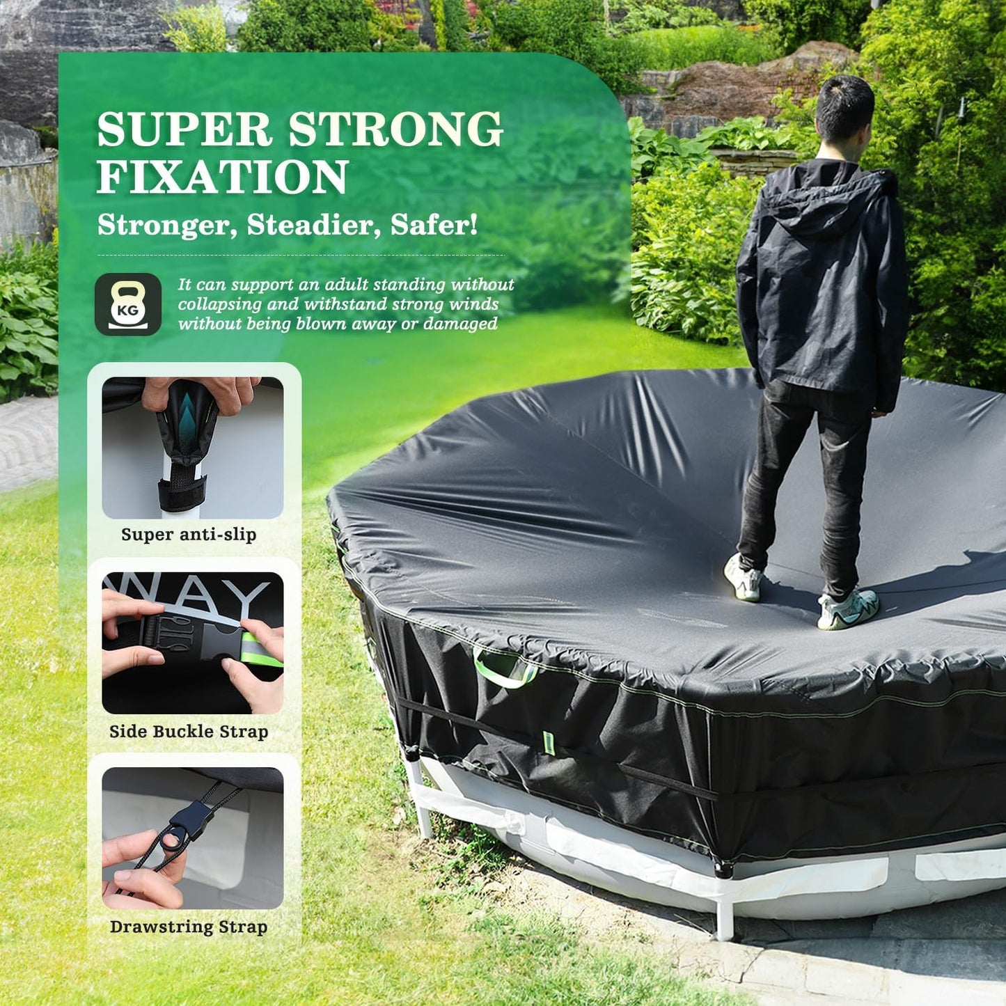 UIRWAY 500D Pool Cover 15FT Round [2025 Upgraded Heavy Duty Fabric] Solar Pool Covers for Above Ground Pools, New Super Windproof Gel-Coated Tarp Straps, Swimming Pool Covers with UV Protection