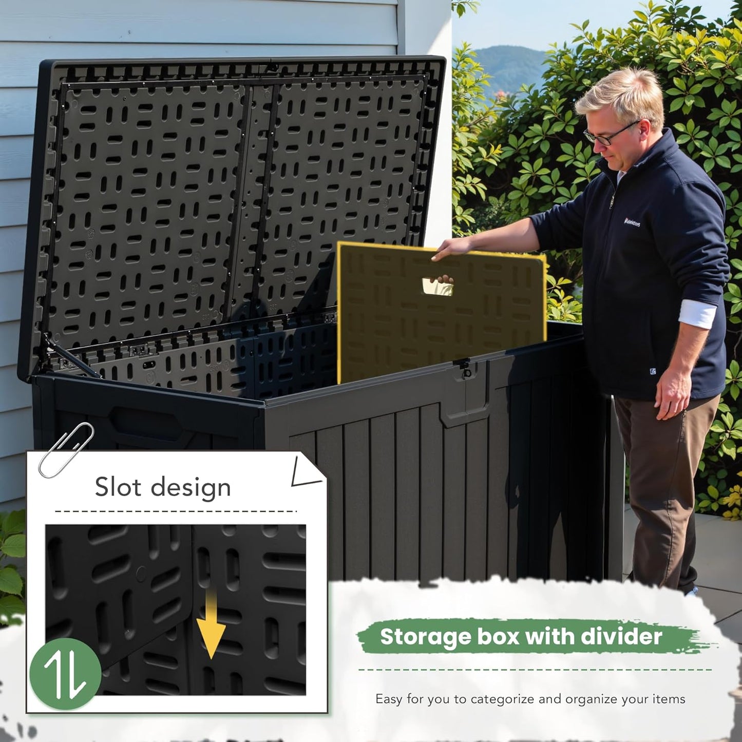 Greesum 230 Gallon HDPE Outdoor Storage Box with Removable Dividers, Weatherproof Oversized Deck Box for Patio, Garage, Garden, Black