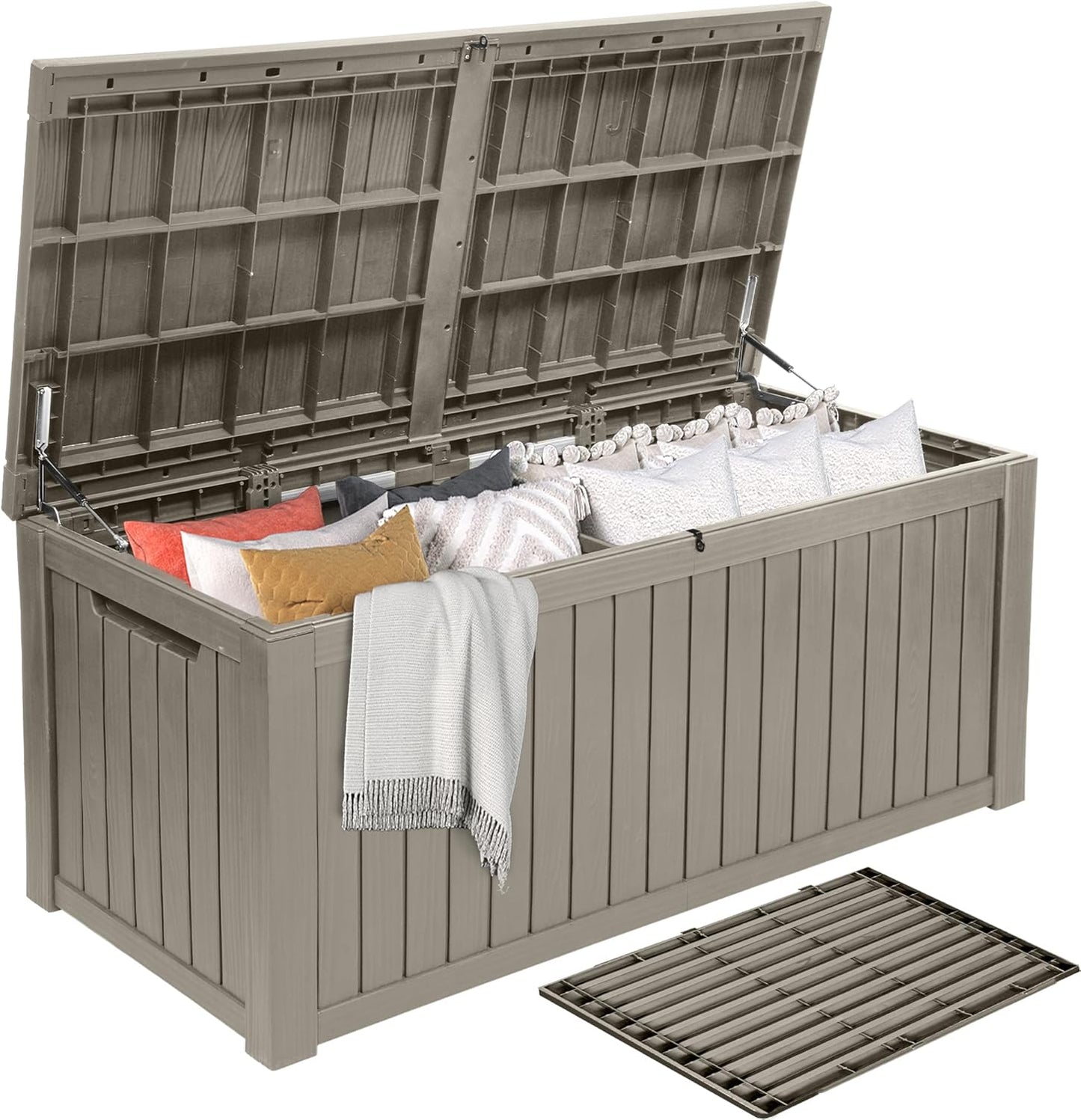 DWVO 150 Gallon XL Deck Box with Divider & Lockable Lid, Waterproof Resin Outdoor Storage for Patio, Garden, Poolside, Cushions, Supplies & Sports Gear, Black