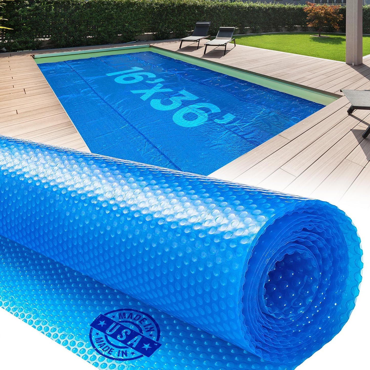 Shop Square 16' x 36' Rectangle Solar Cover for Inground and Above Ground Pools, 12 Mil - Premium Heavy Duty Solar Blanket for Above Ground Pool, Blue - Made in USA