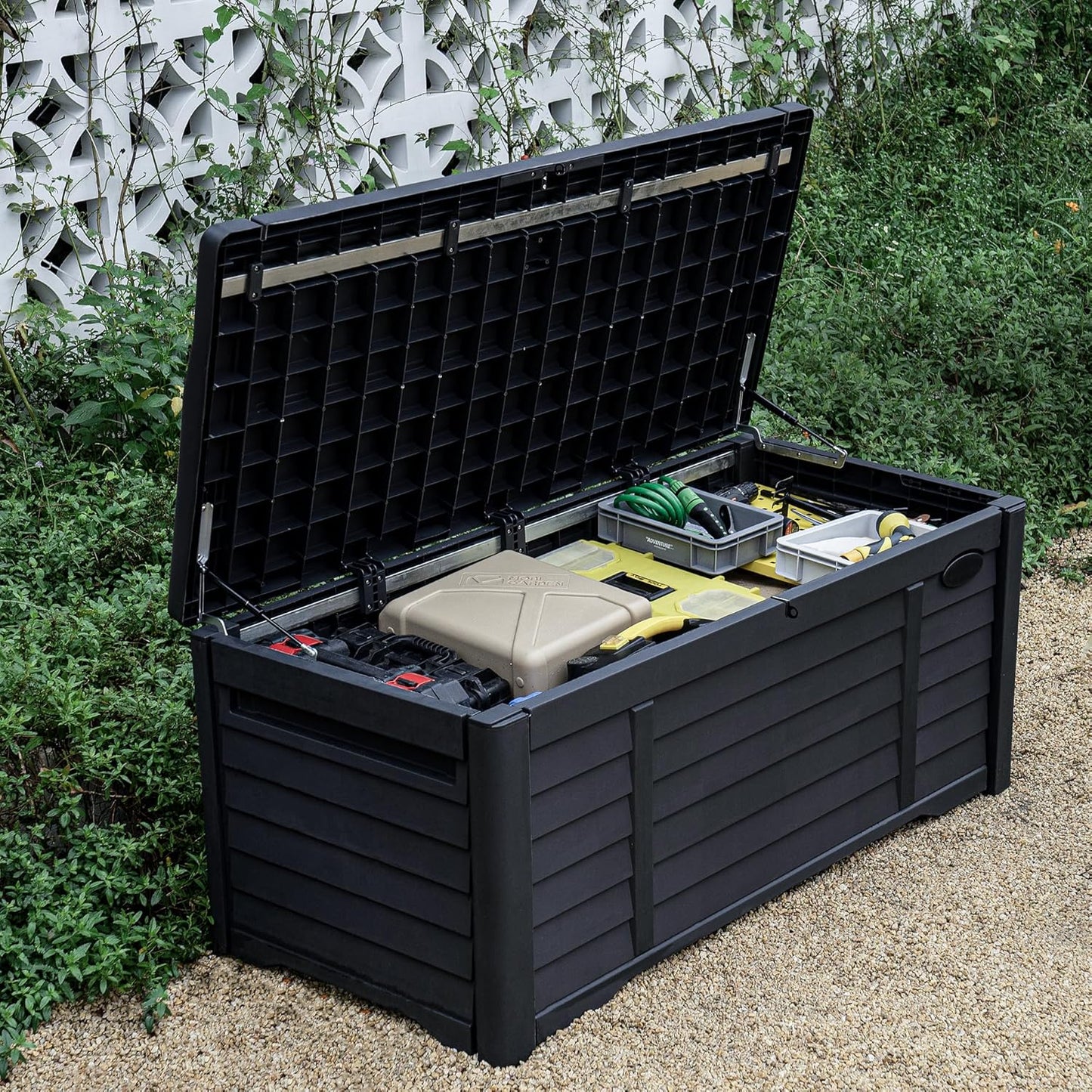 DWVO 150 Gallon XL Deck Box with Divider & Lockable Lid, Waterproof Resin Outdoor Storage for Patio, Garden, Poolside, Cushions, Supplies & Sports Gear, Black