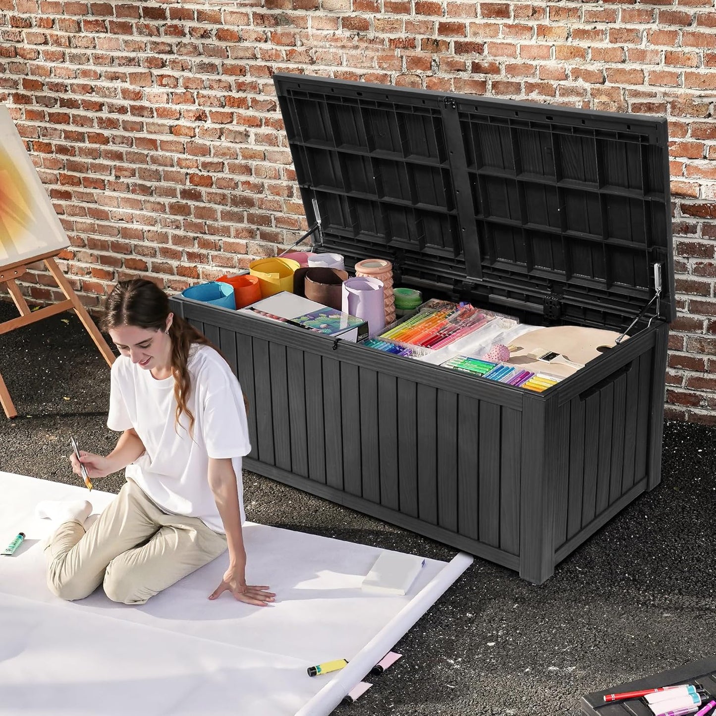 DWVO 150 Gallon XL Deck Box with Divider & Lockable Lid, Waterproof Resin Outdoor Storage for Patio, Garden, Poolside, Cushions, Supplies & Sports Gear, Black