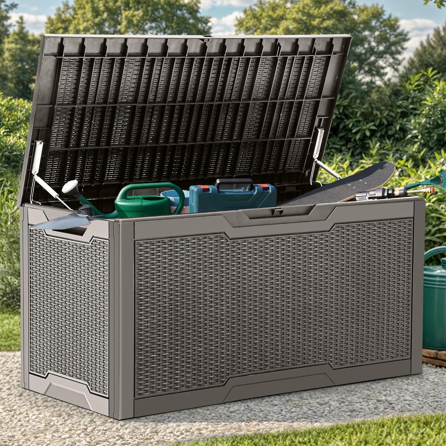 YITAHOME XXL 230 Gallon Large Deck Box,Outdoor Storage for Patio Furniture Cushions,Garden Tools and Pool Equipment with Flexible Divider,Waterproof,Lockable (Black&Brown)