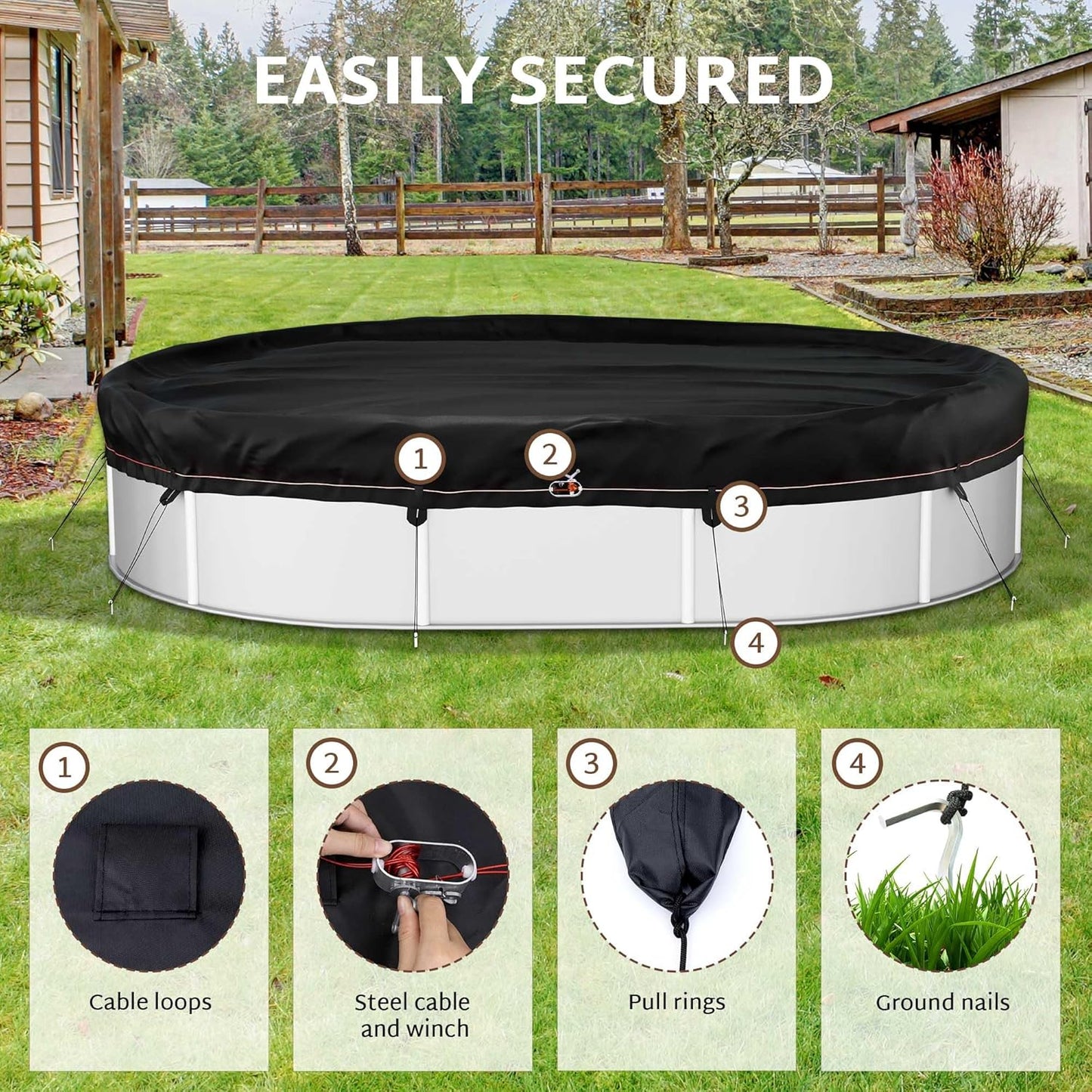 iBirdie Winter Pool Cover fit 18' x 33', 19' x 34' Above Ground Oval Pools, Fade-Resistant Tear-Resistant Waterproof and Weatherproof for Outdoor Protection, Black, Fabric 500D